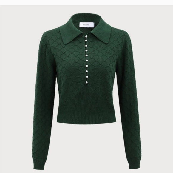 Rihoas Dark Green Scalloped Sweater With Pearl Buttons NWT - Picture 4 of 8
